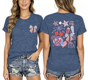 Vintage Coquette 4th of July 1776-2026 Shirt Women Patriotic Bow Disco USA 250th Anniversary Casual Graphic Short Sleeve Tee