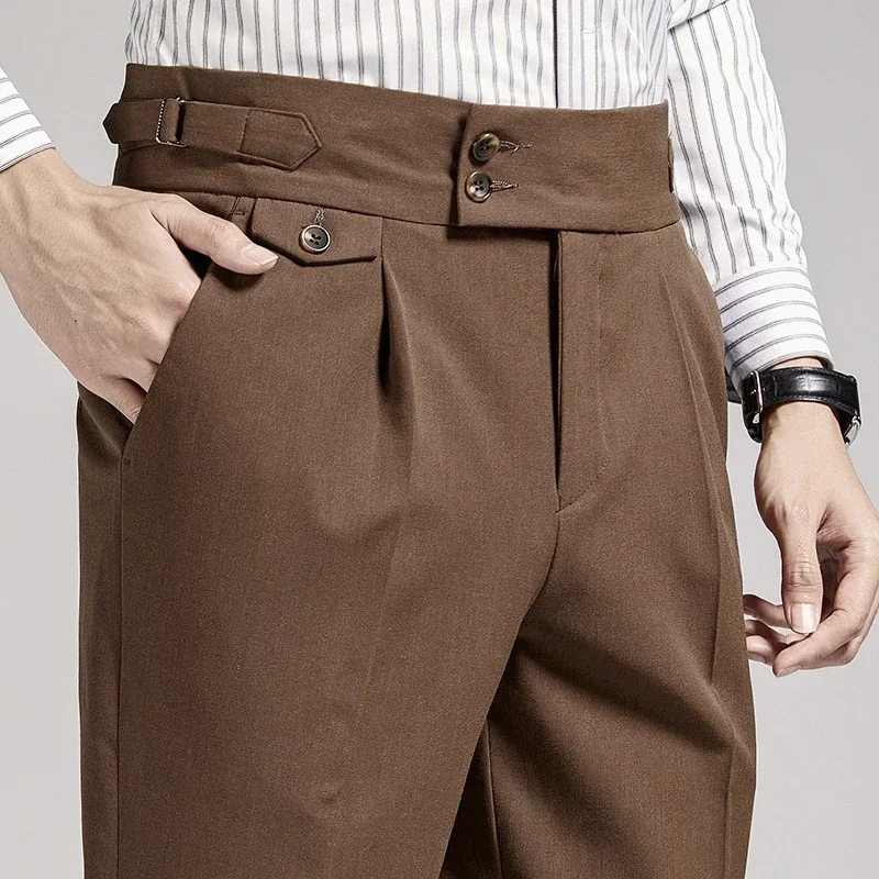 High End Men Brown Suit Pants Dress British Naples High Waist 9-point Pants Straight Slim Trousers Business Formal Social business pants,suit pants,men pants