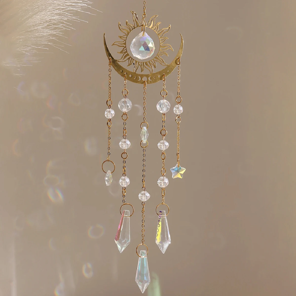 1pc gold flame moon crystal pendant sunlight catcher outdoor garden ab colourful hanging decorations hanging ornaments