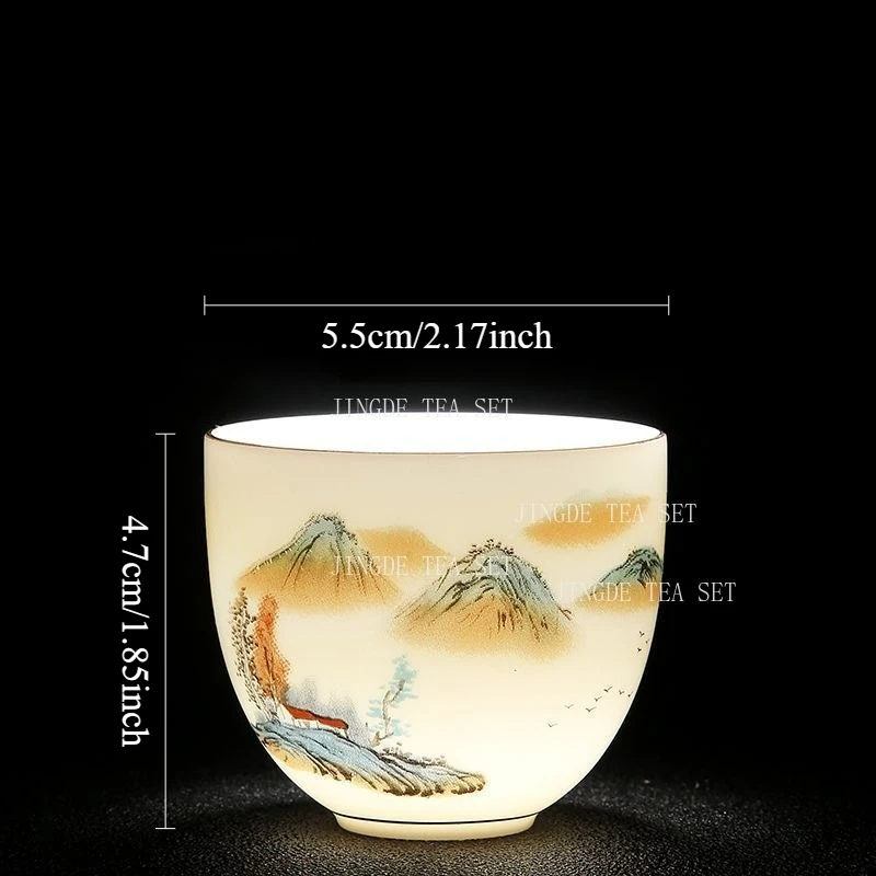 1PCS Sheep Fat Jade Tea Cup White Porcelain Landscape Gold Painting Kung Fu Tea Set Household High-end Tea Cup Drinking Utensils