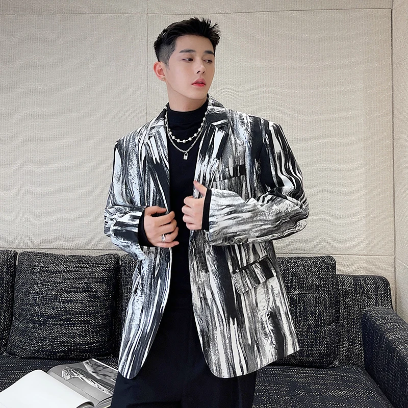 

Vintage Ink Patterned Small Suit Loose Fitting Handsome Male Singer Dancer Performance Outfit Host And Ceremonial Dress