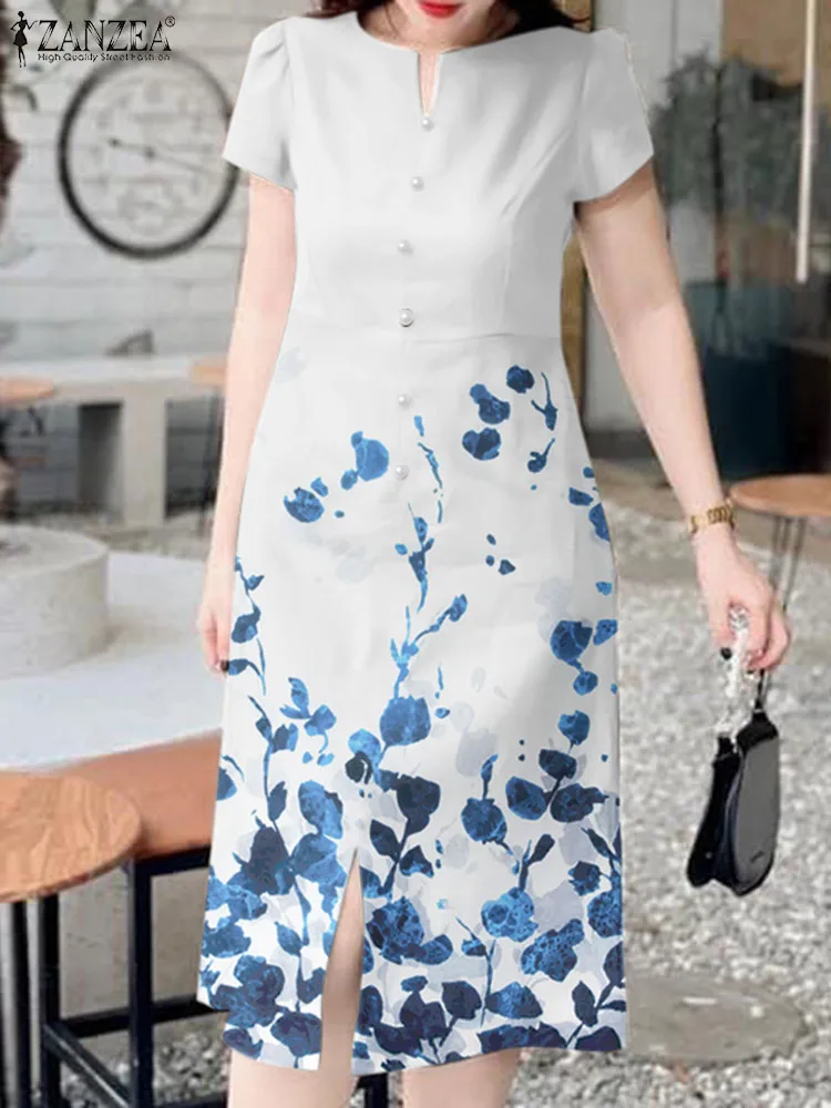 

ZANZEA Elegant Slit Fornt Dresses Women Floral Print Sundress Casual Short Sleeve Midi Dress 2024 Summer Single Breast Long Robe