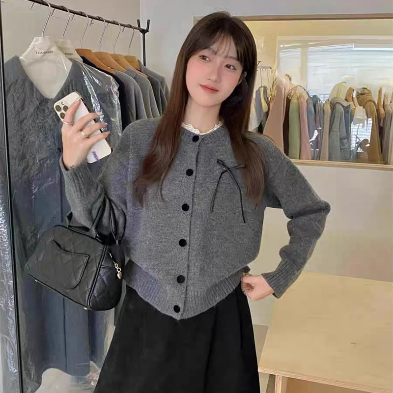 New Autumn and Winter Slim-fit Women's Cardigan Long Sleeve O Neck Lace Sweater Fashion Bow Single-breasted Solid Color Knitwear