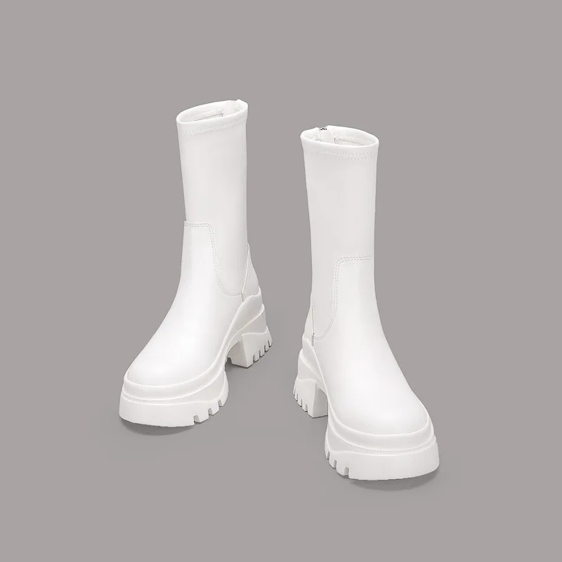 

Autumn 2023 New Short Boots Tall High Heels Female Medium-Length Elastic Boots With Thick-Soled Ribbed Sole Zipper Martin Boots