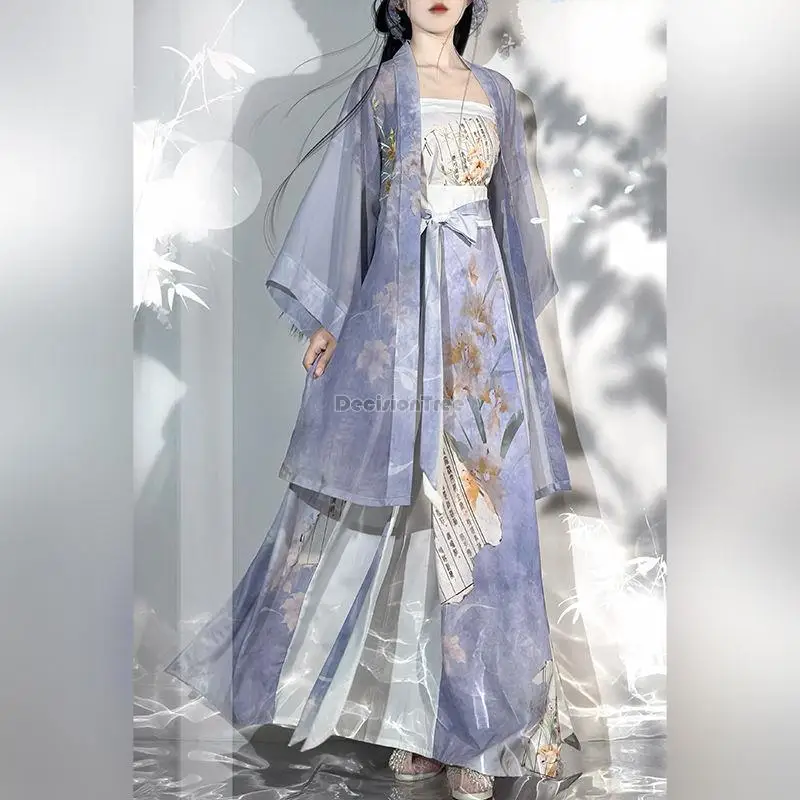 

2023 chinese hanfu women song dynasty long coat vest pleated skirt national style daily fairy summer style loose hanfu set s659