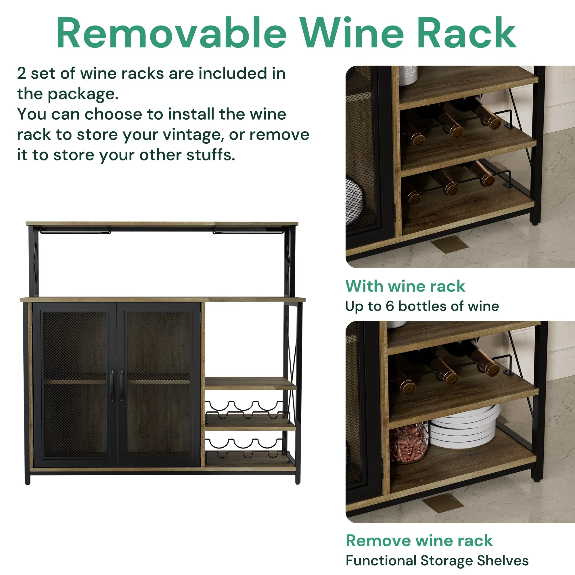 Wine Bar Cabinet with Removable Wine Rack, Coffee Bar Cabinet with Glass Holder, 3 Adjustable Open Shelves, Small Sideboard