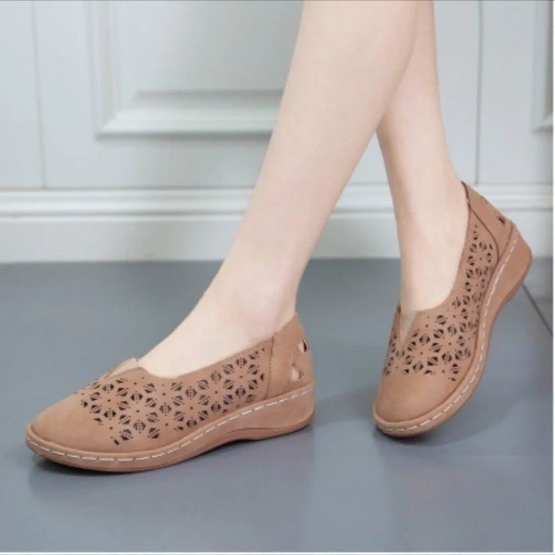 New Woman PU Leather Female Hollow Wedges Platform Sandals Vintage Shoes Women Summer Slip on Retro Moccasins Sandals