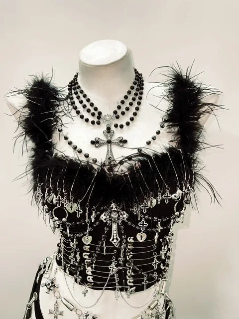 Feather Trim Metal Pendant Crop Top 2