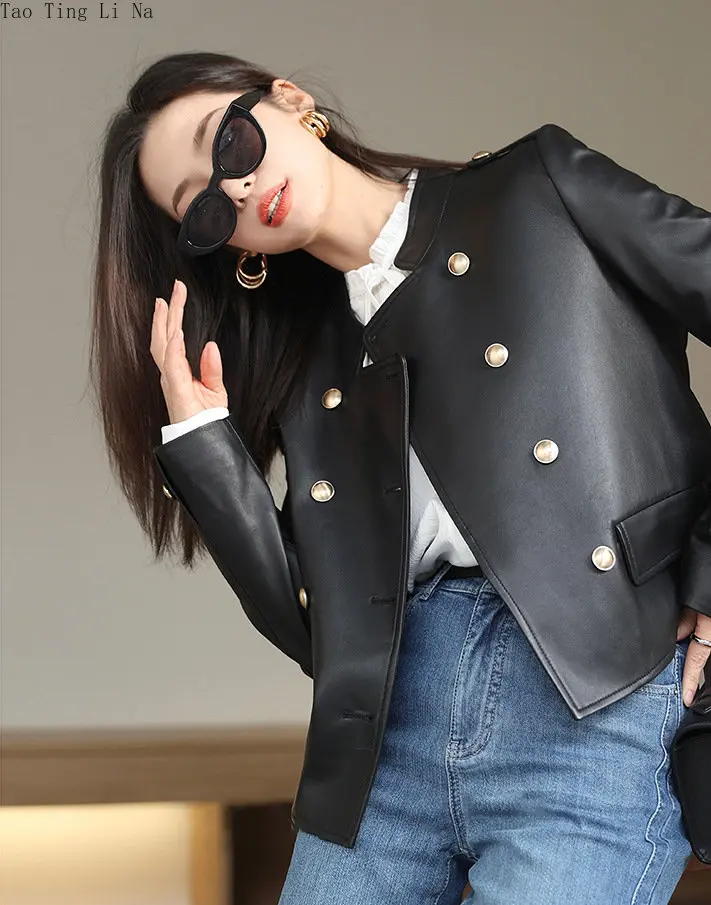 2023 Women New High Quality Genuine Sheep Leather Jacket Small Gold Button Real Sheepskin Leather Coat W18