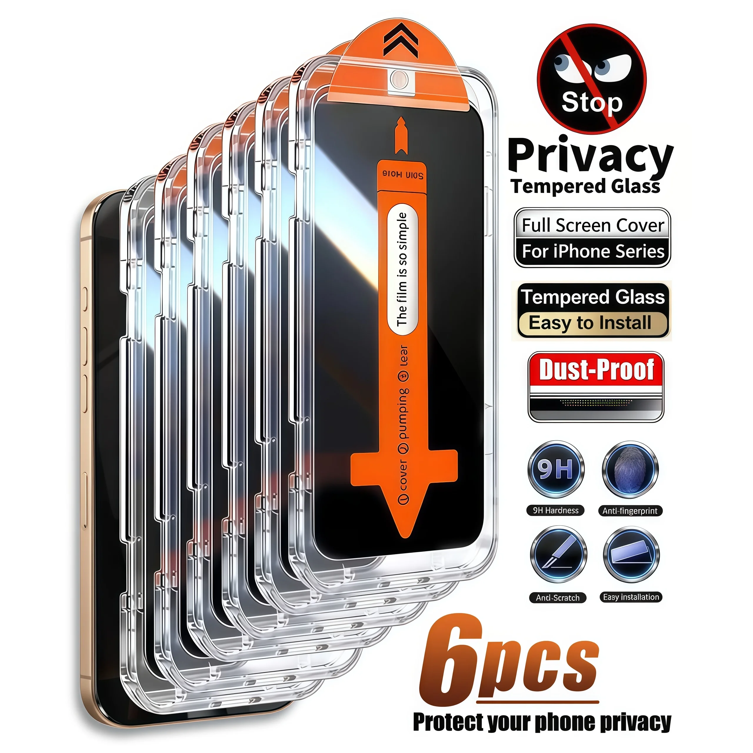 6 Pcs Anti-Dust Privacy Tempered Glass Screen Protector Suitable for iPhone 17 Pro Max/Air/17E/16 Pro Max/15 Pro17/16/15/14/13