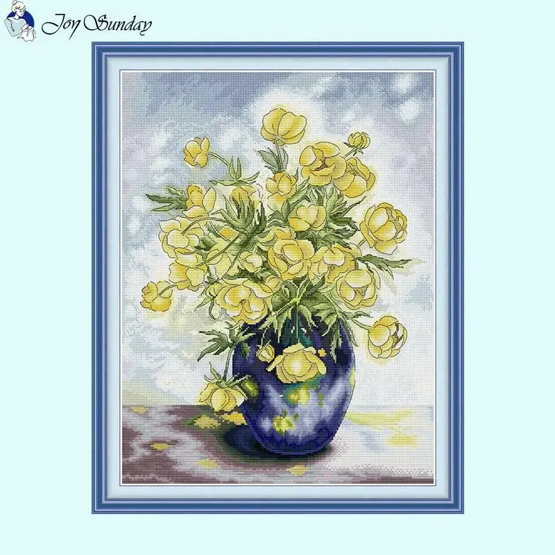 Yellow Flowers with Vase DIY Floral Cross Stitch Kits Aida 14CT 16CT 11CT Count Stamped Fabric Needlework Sewing Set Home Decor