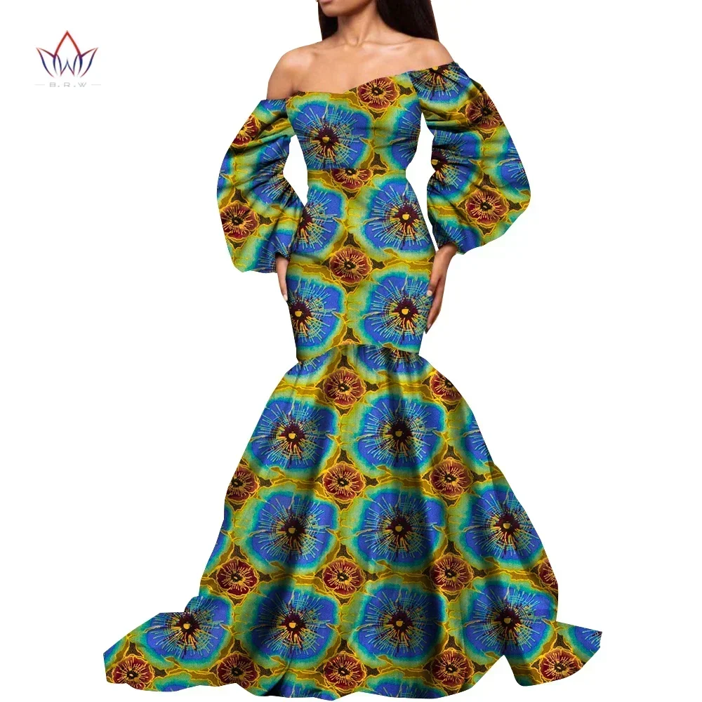 Dashiki African Dresses for Women Daily Party Wedding African Women Dresses Floor-Length Long Puff Sleeve Bandeau Dress Kg1092