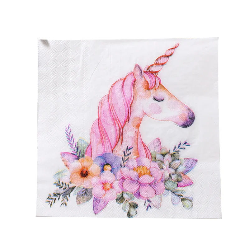 20Pcs Disposable Pink Unicorn Flower Printed Table Dinner Tissue Napkins Paper Wedding Party Decoration Supplies