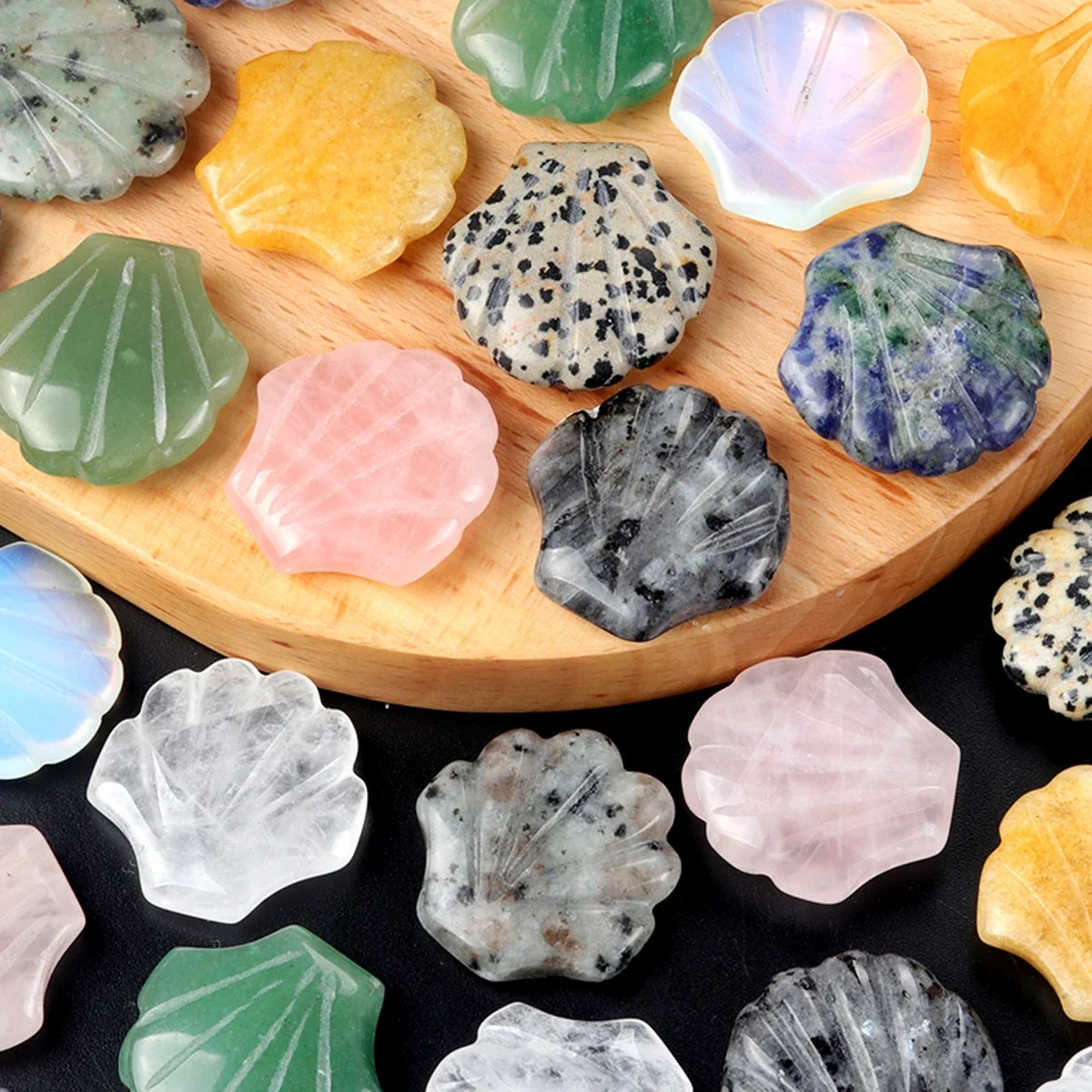 10PCS Wholesale Carved Natural Stone Sodalite Flash Labradorite Rose Quartz Shell Shaped Ornaments Fish Tank Home Decoration