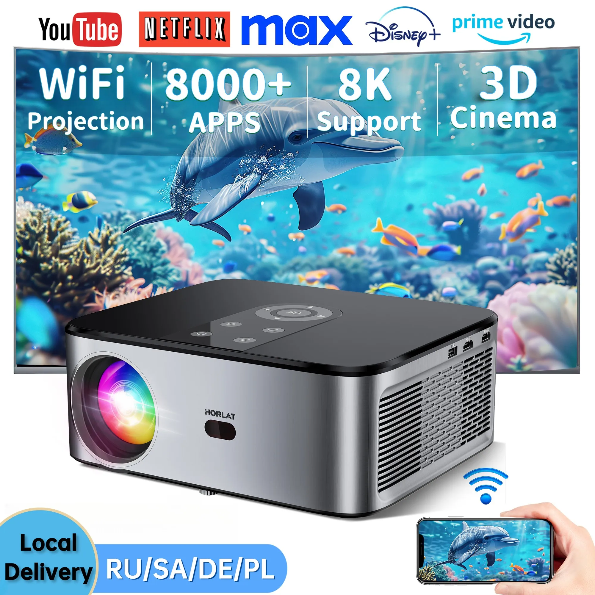 HORLAT 35000루멘 LCD 프로젝터 4K 8K 디코딩 홈시어터 안드로이드 12 시스템 1500ANSI 풀HD 1080P 비디..