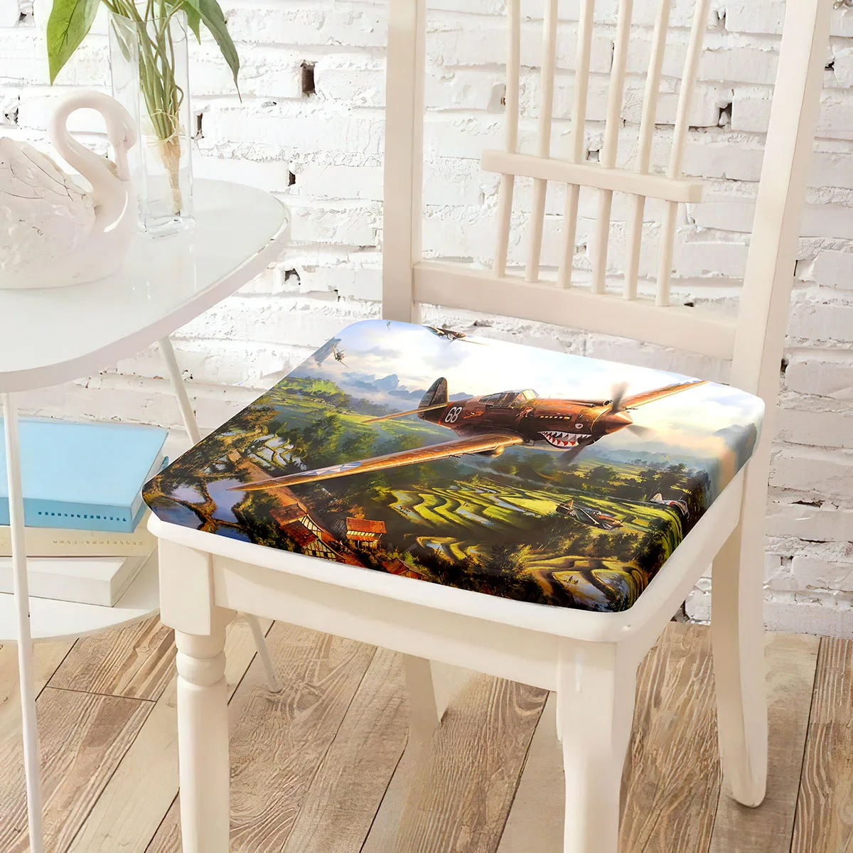 

Aviation War Print Chair Cushion Cotton Back Cushions Solid Square Machine Washable Coat Chairs Pad for Library Bedroom Decor