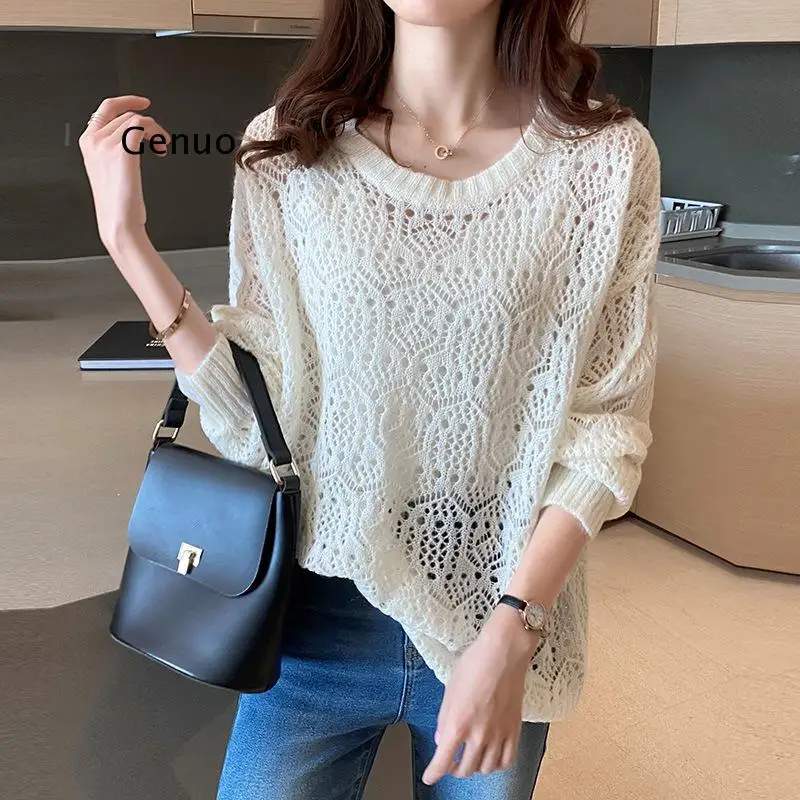 

Knitted Casual Brown Women Long Sleeve Summer Beach T Shirt Tops Hollow Out Sexy Party Outfits Basic Tees Crop Tops