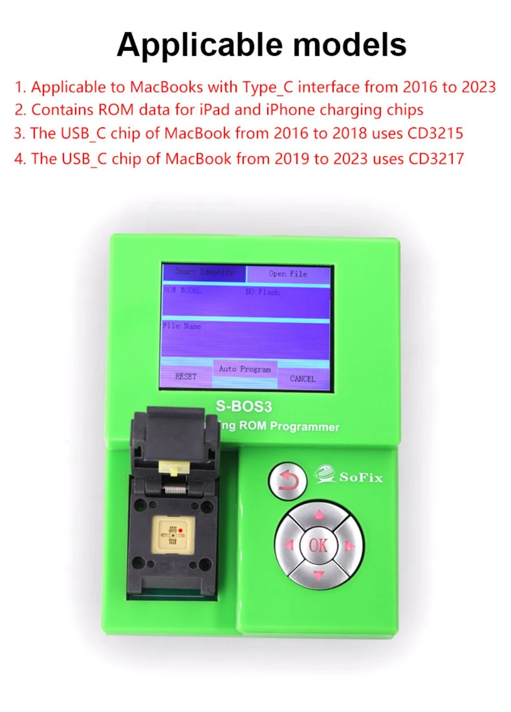 소픽스 뉴 S-BOS3 USBC 충전 ROM 프로그래머 맥북 아이패드 아이폰 2016-2023 CD3215 CD3217 ROM 데이터 쓰기 수리 도구