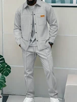 Nouvel ensemble décontracté 2 pièces pour homme 2026 – Survêtement d'automne en tricot gaufré couleur unie avec veste à col revers boutonnée et poches, et pantalon long 4