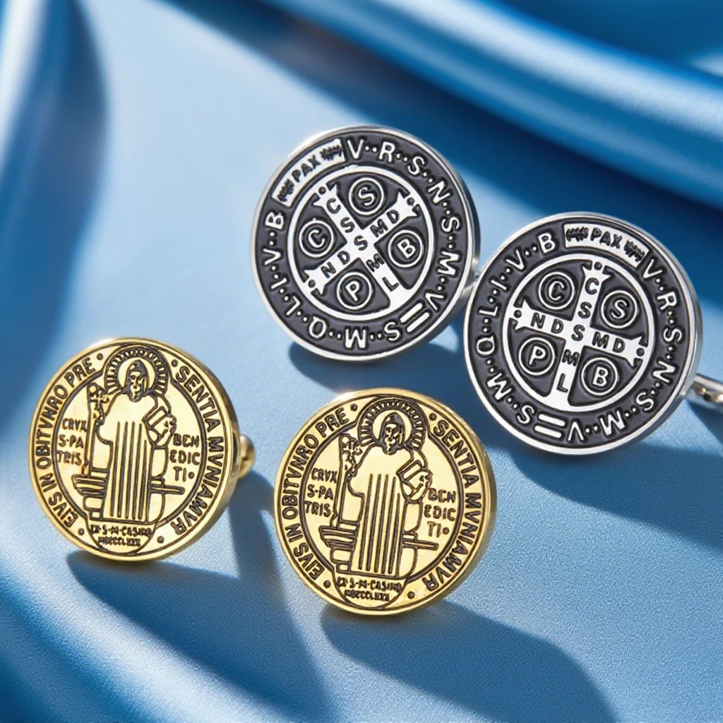 Dawapara Saint Benedict Manschettenknöpfe, katholisches Geschenk für Männer, Vintage-Schutz, Talisman, Edelstahl, Schmuck, Business-Accessoires – Detail 4