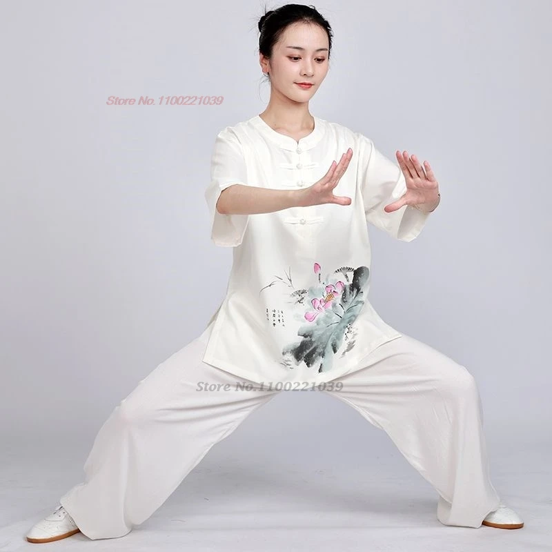 중국 태극권 유니폼, 우슈 쿵푸 세트, 코튼 린넨 태극권 연습 꽃 프린트, 무술 날개 춘 연습 세트, 2024 