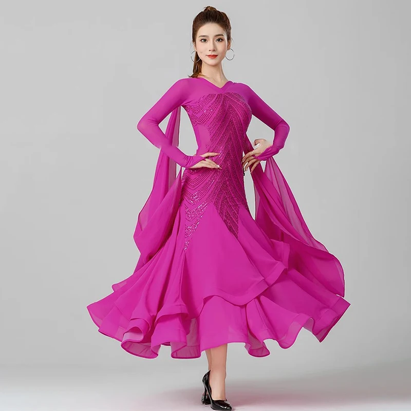 

Новинка 2024, высококачественное платье для бальных танцев, элегантные женские костюмы для соревнований и современных танцев, сценическая одежда для танго, вальса с блестками