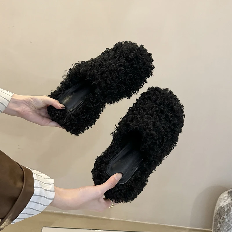 ZOOKERLIN Round Toe Thick High Heels Platform Women's Slippers Solid Color Wool Slip On Winter Soft Comfortable Woman Shoes Fur