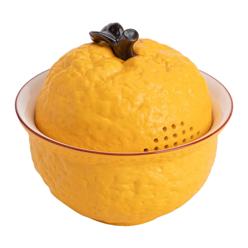 Handmade Ceramic Gaiwan Pottery Tea Bowl Cups Pigmented Orange Shape Tea Tureen Chinese Kungfu Teaware Cup Set