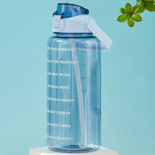 Large Capacity Sports Water Bottle with Straw and Time Marker