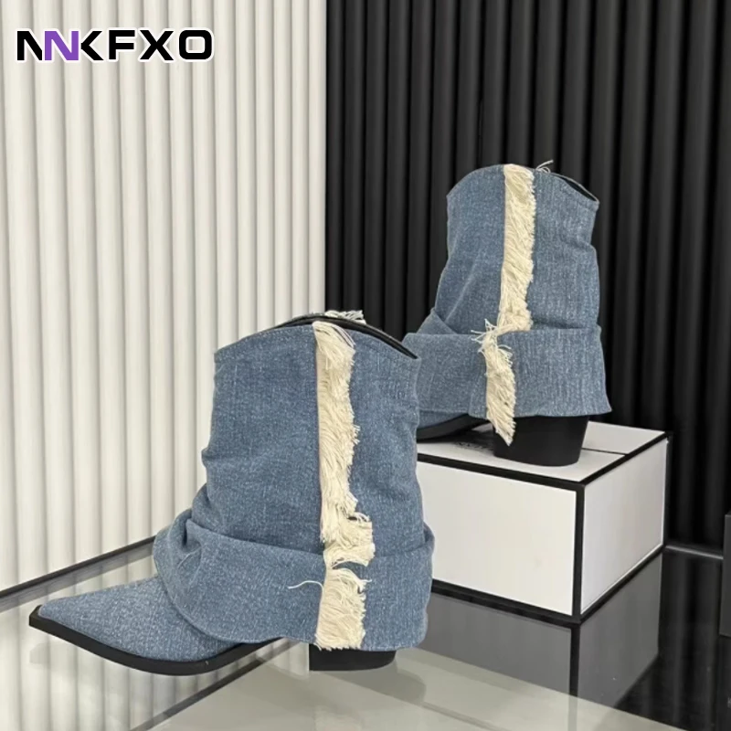 

2023 Women's Fashion Mid-Calf Boots Female Autumn Winter Denim Fabric Boots Pleated Boots Pointed Toe Square Heels Boots QB273