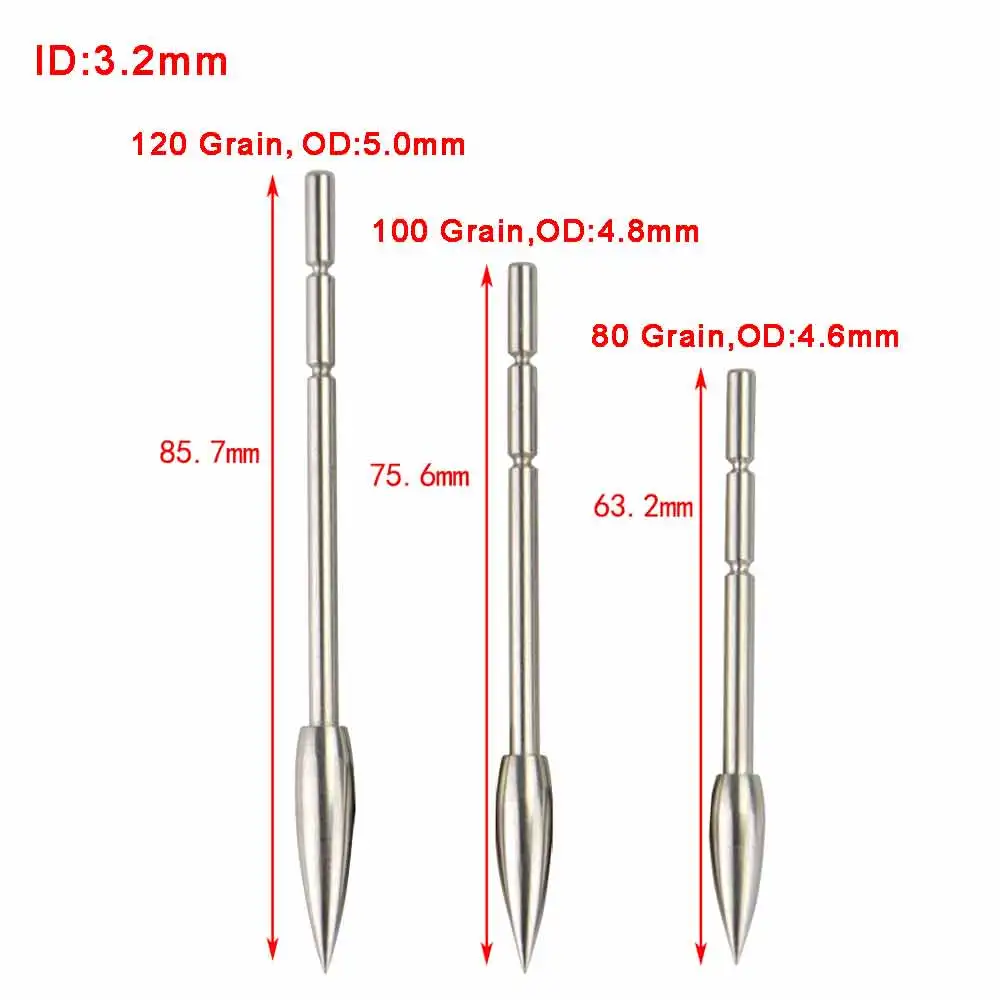 Archery arrowhead 6/12/24Pcs 3.2mm Arrowhead 80 100 120 Grains for ID 3.2mm Arrow Shaft Stainless Steel Target Point