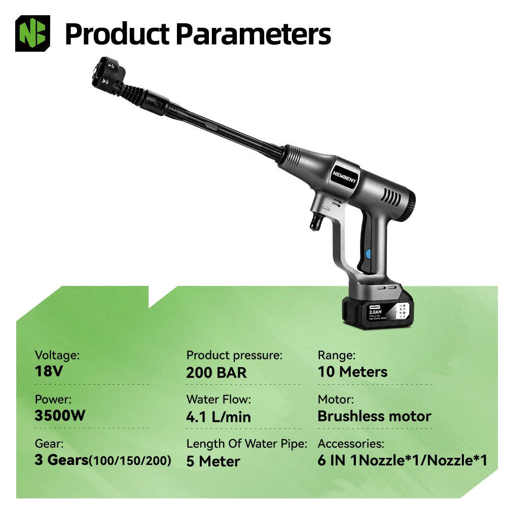 Electric Pressure Washer 3500W 200Bar Brushless Cordless Car Garden Cleaning Spray Gun For Makita 18V Battery Pin
