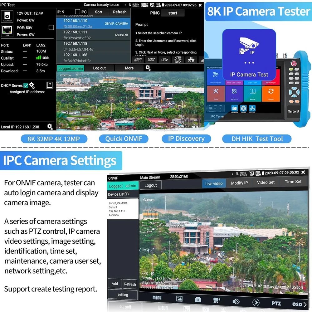 Noyafa 7inch CCTV IPC Tester 8MP AHD CVI TVI SDI Camera Tester VGA HDMI Input IPC716ADHS Camera Security Monitoring Cable