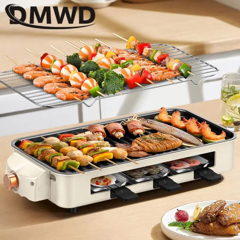 DMWD Korean Household Electric Ovens Smokeless Nonstick Barbecue Machine Electric hotplate Teppanyaki Grilled Meat Pan 1500W EU