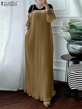2024 ZANZEA Fashion Women Maxi Long Dress Autumn Long Sleeve Pleated Sundress Elegant Casual Patchwork Muslim Dresses Robe Femme