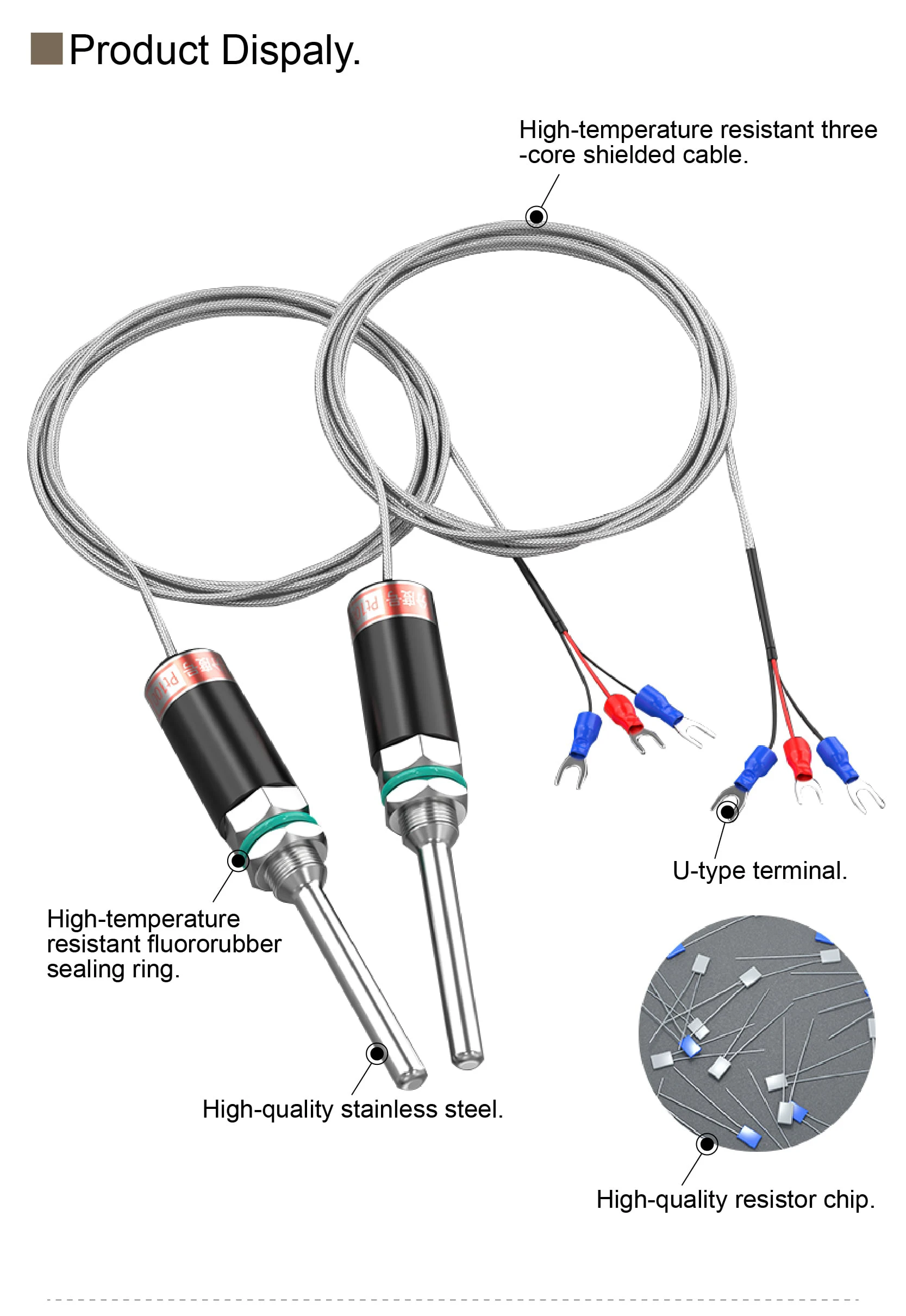 High Precision PT100 RTD WZP-187 Waterproof Temperature Sensor, Stainless Steel