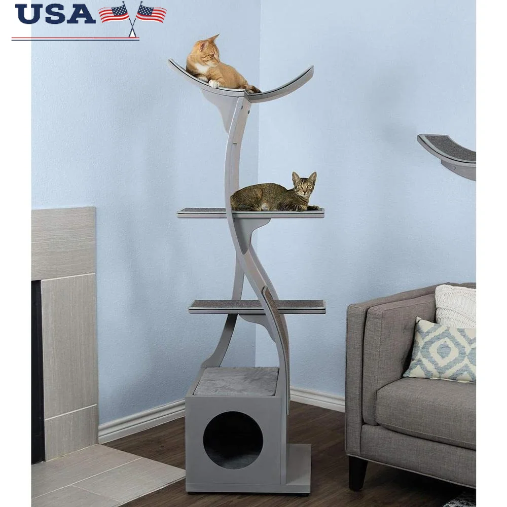 Multi-Level Cat Tower Indoor Climbing Condo Modern Wooden Cat Tree with Scratching Post Durable Stylish Furniture