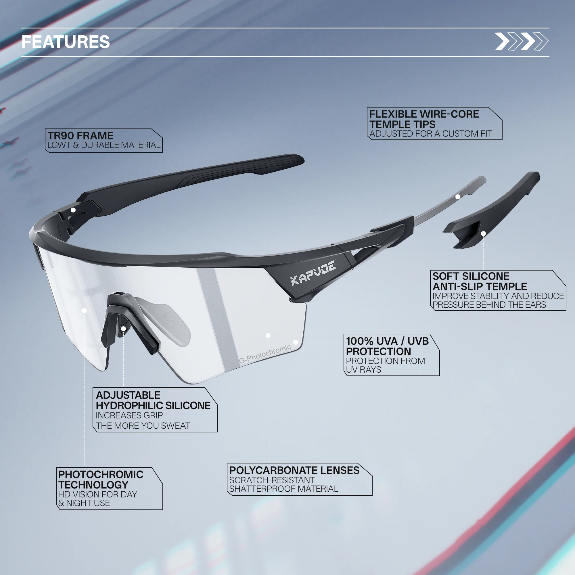 Kapvoe Photochromic Cycling Glasses Lighteight UV400 Sunglasses for Men Women Bike MTB Outdoor Eyewear Riding Driving Running