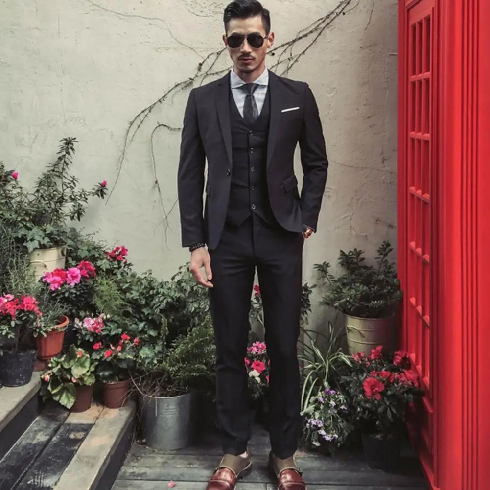 Men Vest Suit Coat Pants Set Formal Solid Color Men Three piece Suit Turn down Collar Long Silky Smooth Business formal suit business men clothing 1 Set