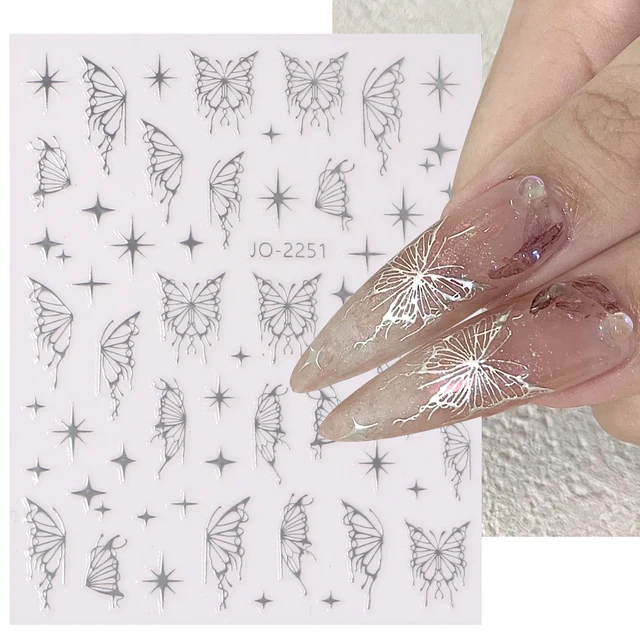 Nail York Silver Metal Mirror Butterfly Stickers with Holographic Butterflies and Star Designs | Adhesive Slider Wraps Gel Polish Decals for Nail Salons Supplies