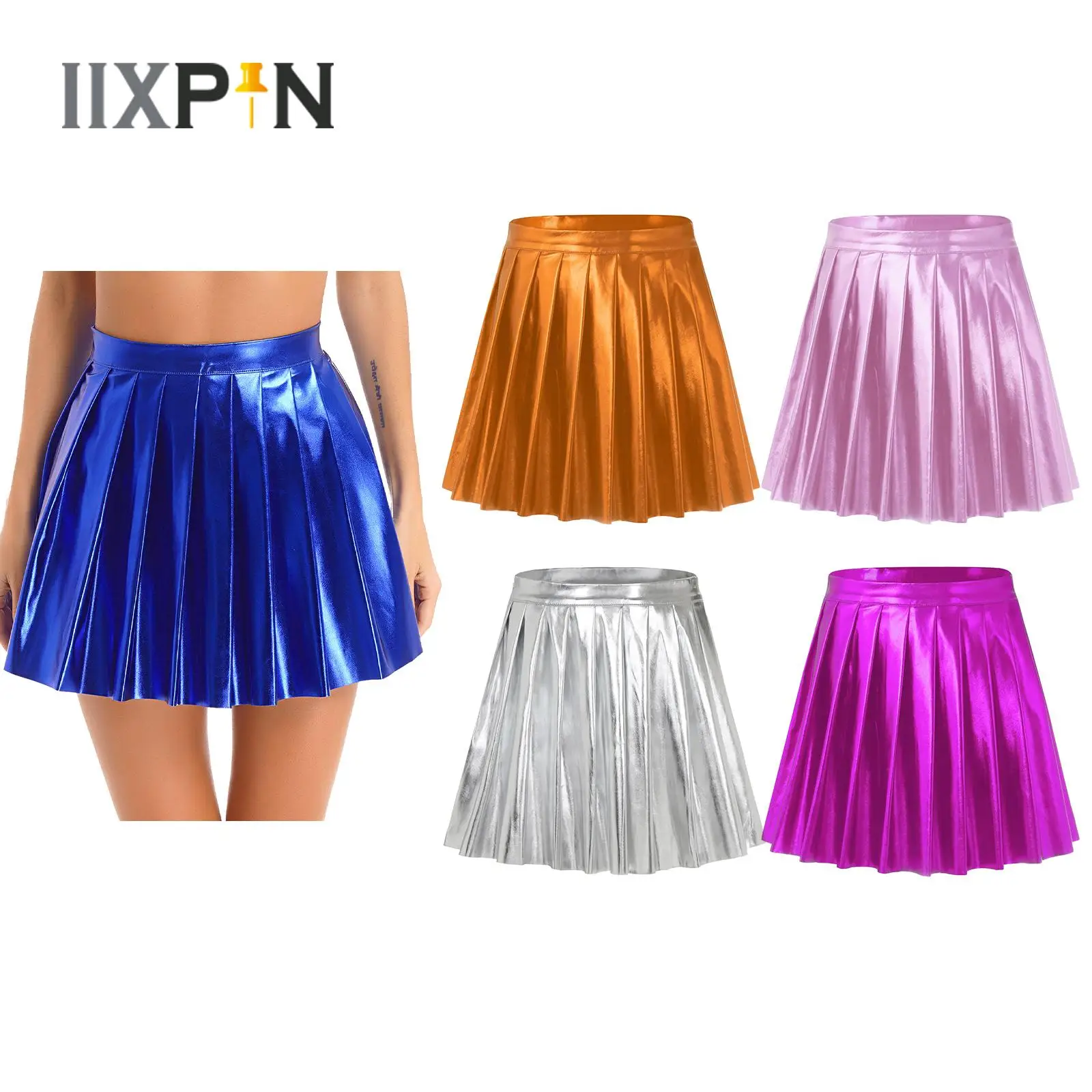 

Womens Sexy High Waist Mini Skirt Shiny Metallic Faux Leather Pleated Skirt Fashion Zipper Ruffled Party Clubwear Dancewear Hot