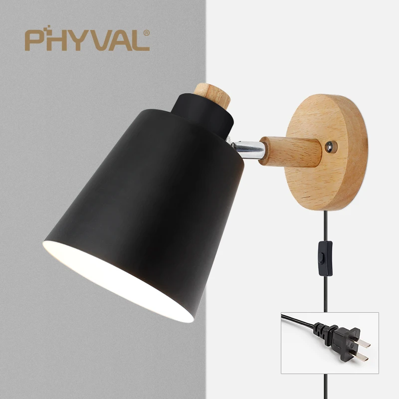 PHYVAL Nordic Wall Lamp Light Fixture with Switch for Corridor Bedside Living Room EU/US Plug Sconce Iron E27 Macaroon Lighting