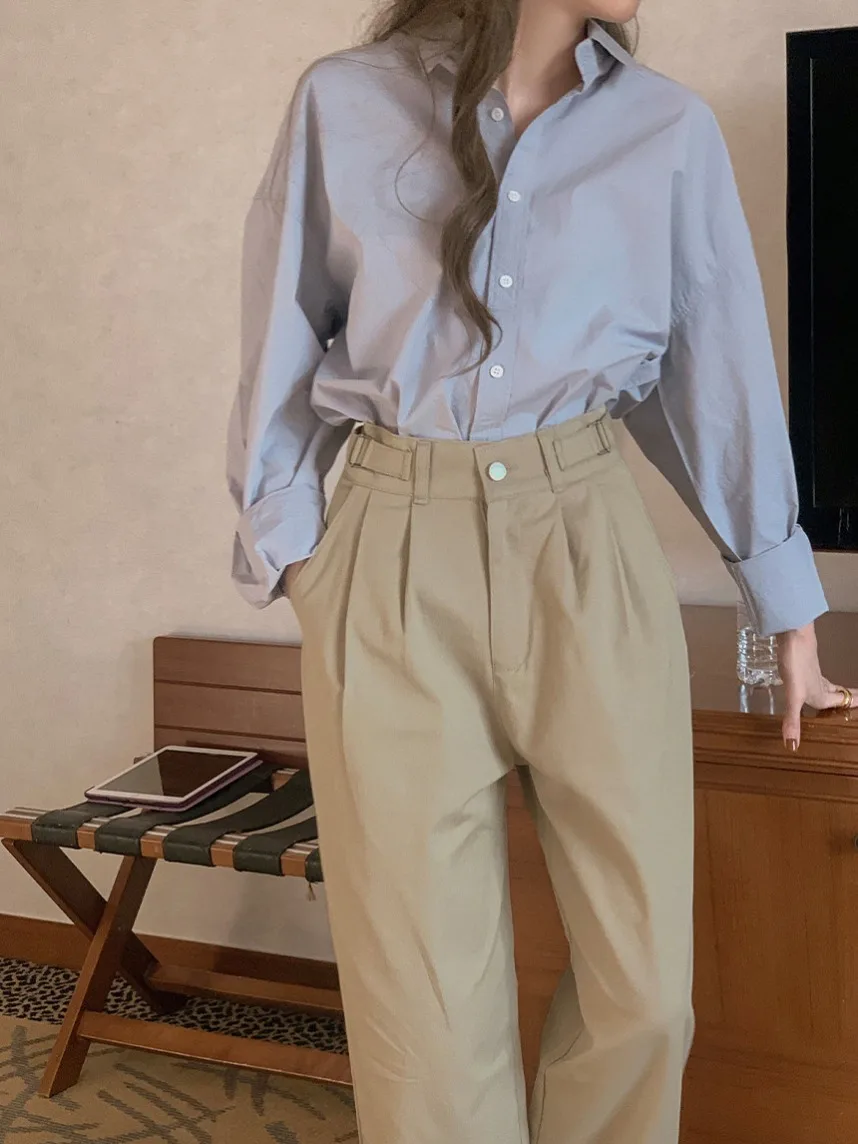 우아한 높은 허리 넓은 다리 캐주얼 바지 루즈 피트 여성 바지 가을 패션 디자인 감각 스트레이트 컷 긴 바지