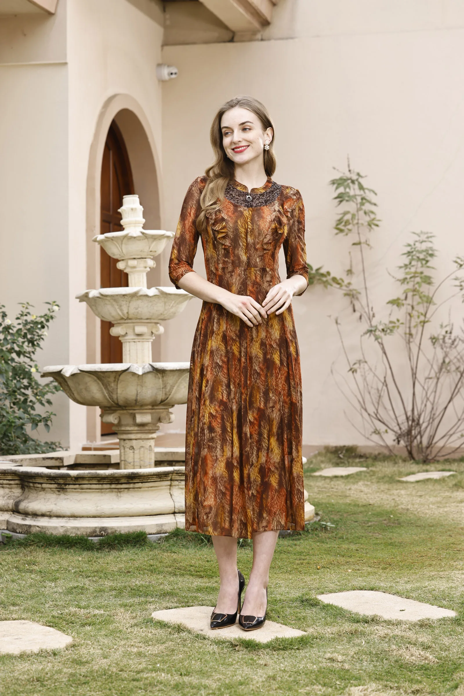 

Ximphony Casual Luxury Elegant Smart Office O-neck Print Zippers Three Quarter Sleeves Long Dresses for Women