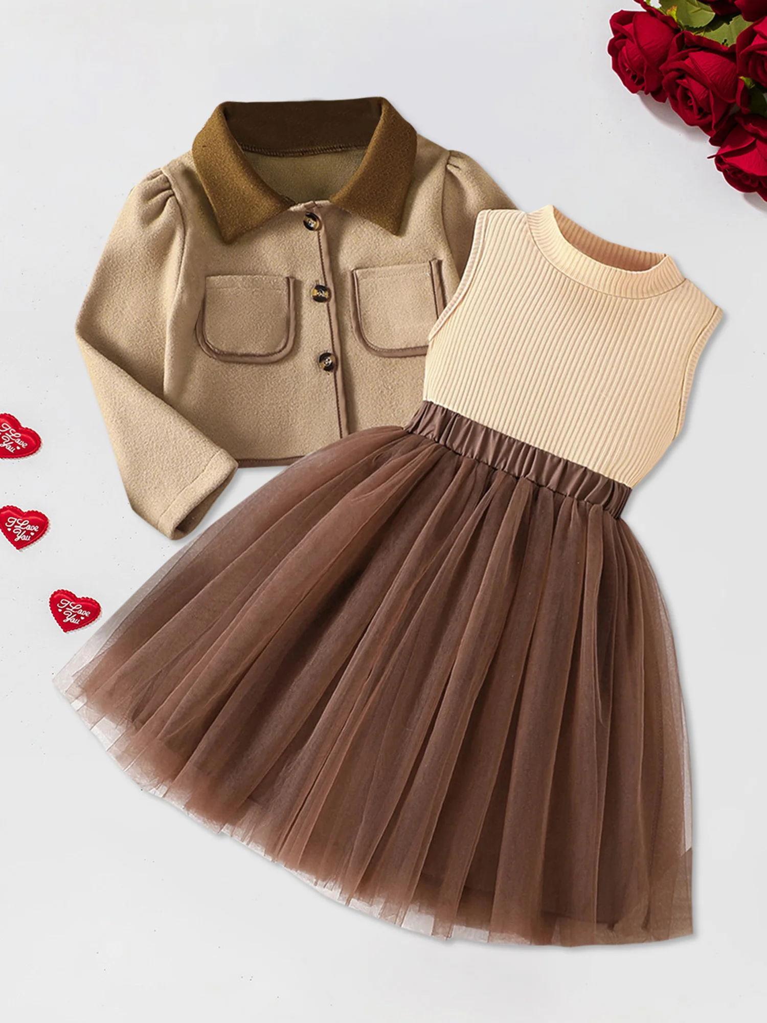 Women s Fall Fashion Ensemble Stylish Long Sleeve Lapel Coat with Button Up Detail Ribbed Tank Top and Tulle Skirt Set