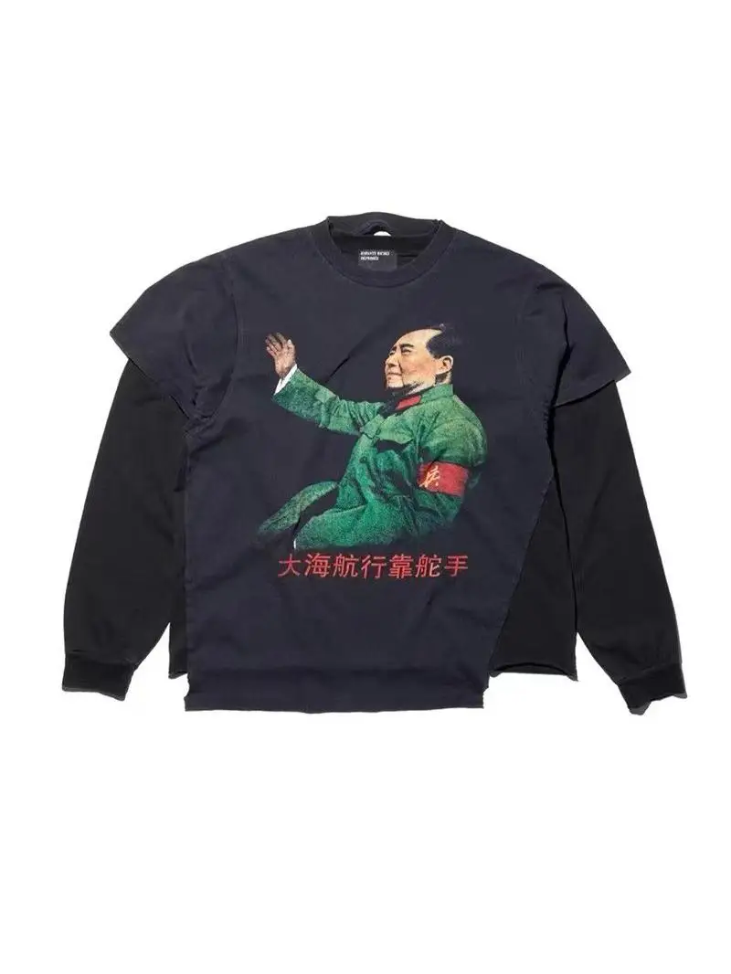 Waed Loose Long Sve T-irt Fake Two-Piece Digital Print Youth Casual Sle Breathable Cotton Crew Ne T-irt for Teens