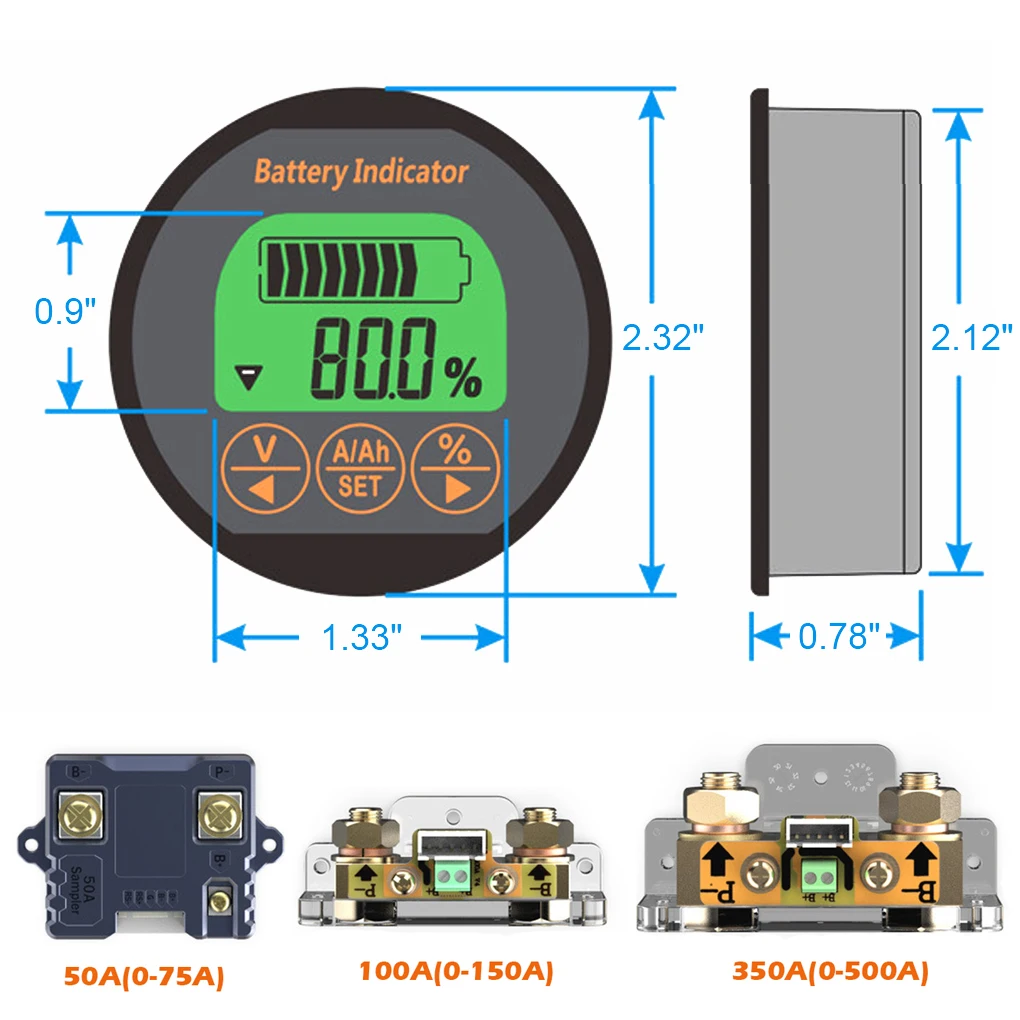 DC 8-80V 50A 100A 350A TR16 Battery Tester Coulomb Counter Meter Battery Capacity Indicator Ammeter Voltmeter Battery Tester