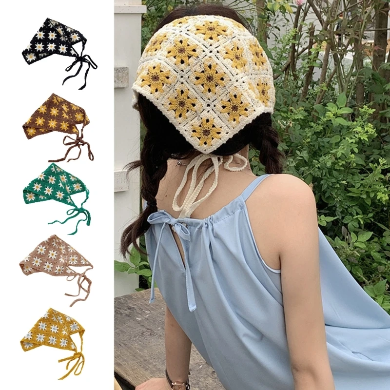 

Delicate Crochet Flower Turban Hot Girls Taking Photo Hair Scarf Knitted Headband for Women Traveling Hair Accessory