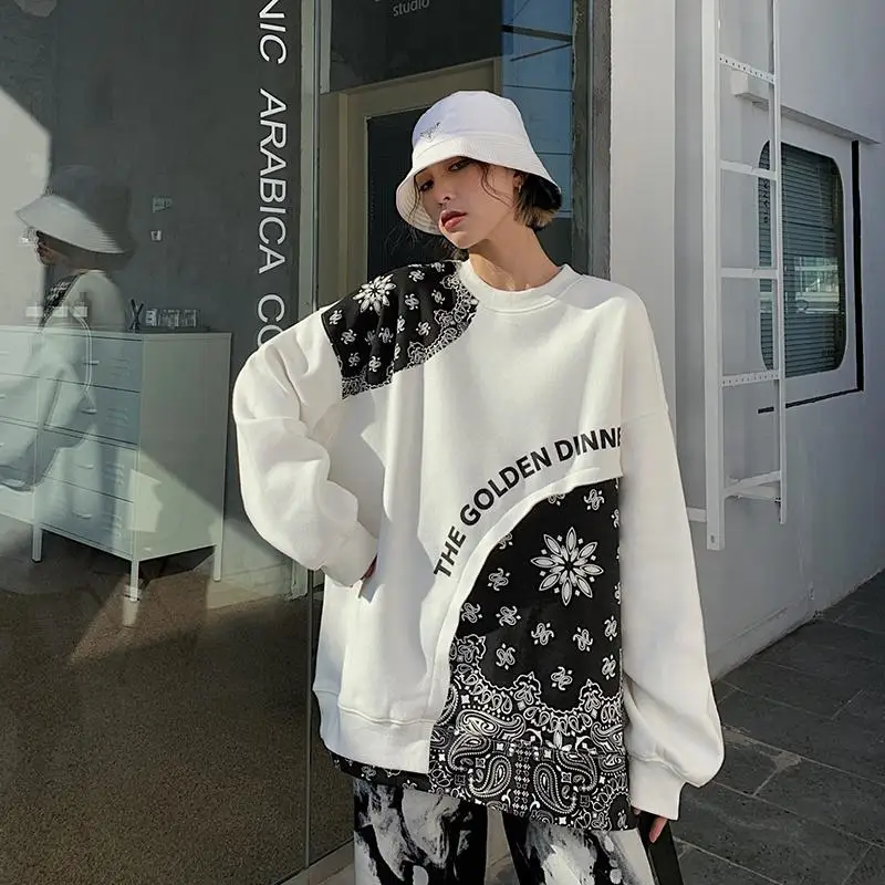 Pullover Splicing Loose Korean Version Cashew Flower Printing Matching Design Sense Niche Casual Couples INS 2022 New