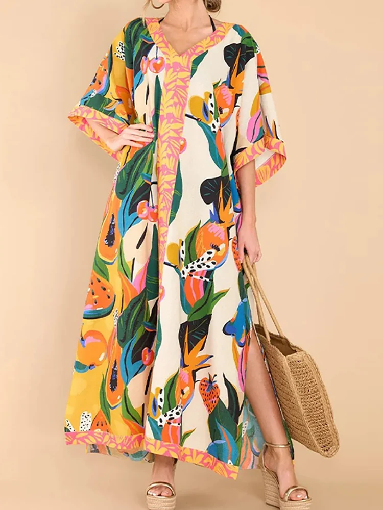 

Loungewear Split Vintage Dress Women Summer 2023 New Short Sleeve Printed Party Dress V-Neck Loose Fit Ladies Dress Dropshipping